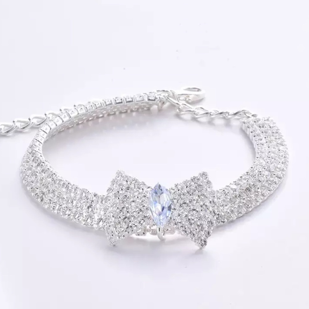 Silver Bow Glam Diamond Cat Dog Necklace